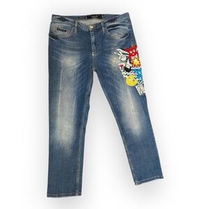 Philipp Plein Blue Jeans 2014  Embroidered and Rhinestoned Capri